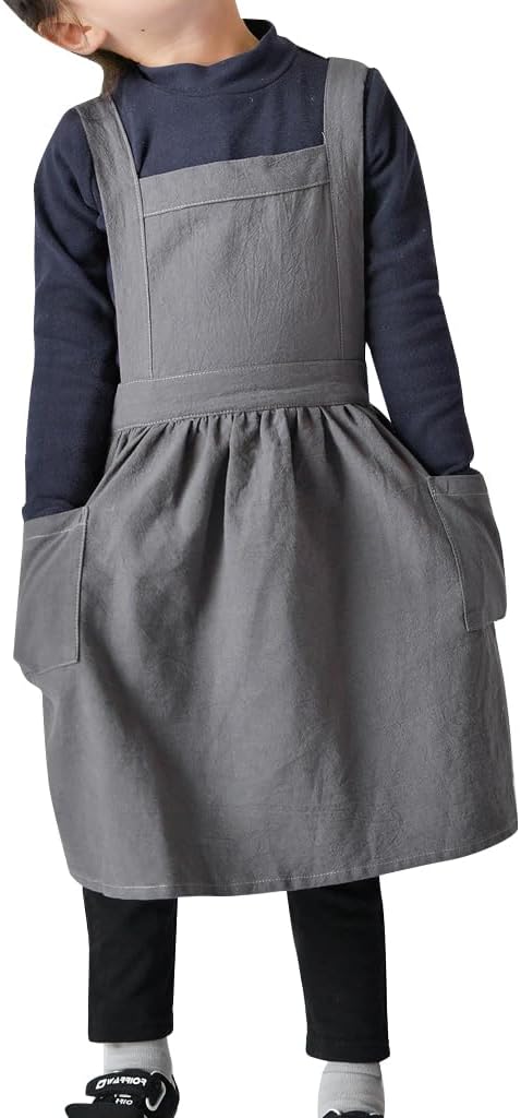 IWEMEK Kids Aprons for Girls Cooking Child Cotton Linen Apron Dress with Pockets Art Baking Gardening Painting Apron Pinafore