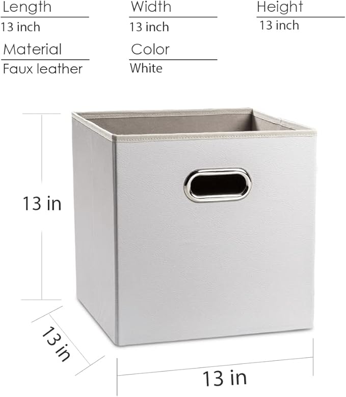 PRANDOM Leather Foldable Cube Storage Bins 13x13 inch [2-Pack] Fabric Storage Baskets Cubes Drawer with Cotton Handles Organizer for Shelves Nursery Closet Bedroom Clothes White