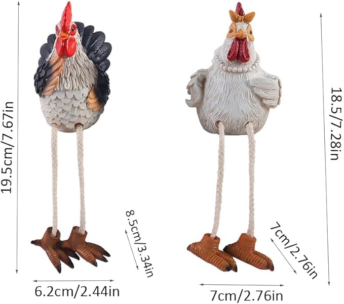 Funny Shelf Sitting Chicken Figurines – Farmhouse Rooster & Hen Statues with Dangling Legs – Rustic Tabletop Home Decor, Kitchen, Garden Ornaments (Set of 2)