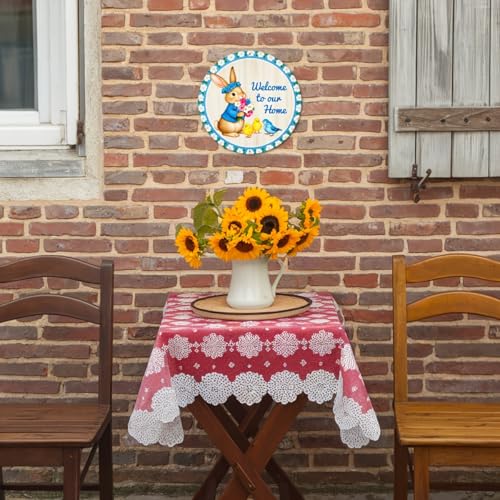 Welcome to Our Home Round Aluminum Metal Sign Retro Bunny with Blue Flowers Chicks Sign - 8x8 Inch - Image 6