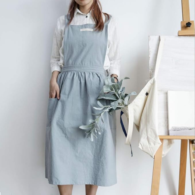 Cotton and linen Kitchen Cooking Aprons Dress for Women with Pockets Cute for Baking Painting Gardening Cleaning