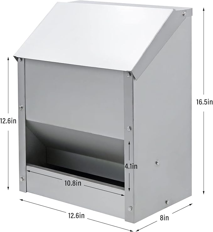 Stainless Steel Hanging Chicken Feeder with Lid No Waste Weatherproof Metal Automatic Poultry Feeder Wall Mount Outdoor Chicken Coop Food Dispenser Feeder for Chickens Ducks (25Lbs)