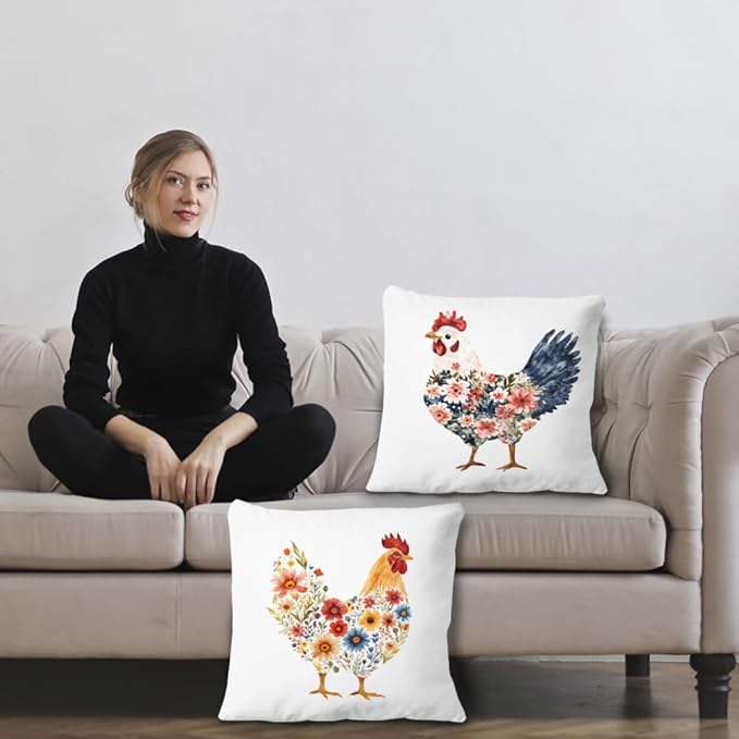 Flower Chicken Pillow Covers 18x18 Set of 2, Gifts for Chicken Lovers Mom Lady Women, Rustic Farmhouse Farm Animal Rooster Floral Throw Pillow Covers for Home Bedroom Living Room