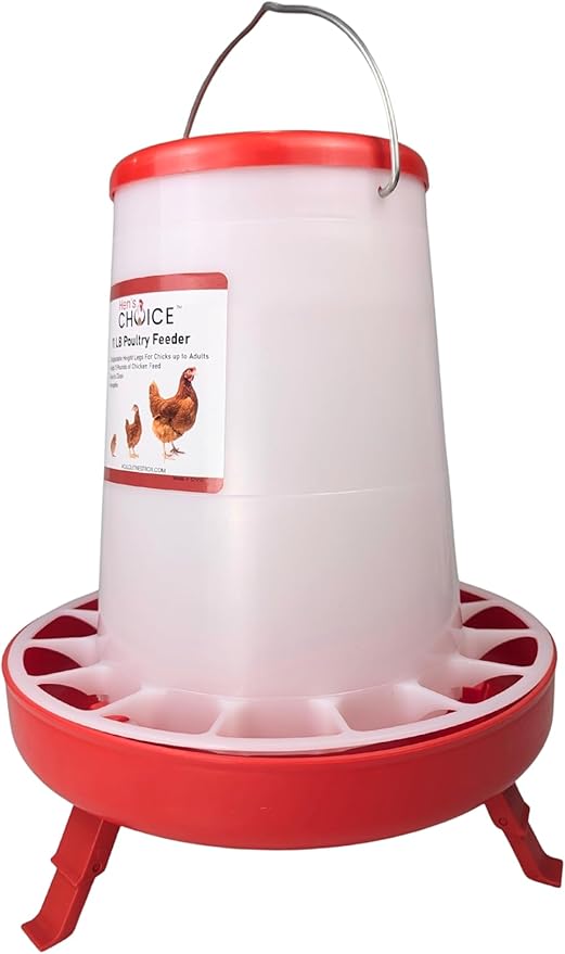 Hen's Choice 11 LB Poultry Feeder, Twist Lock Base, Adjustable Legs, Hangable with Lid (Red)
