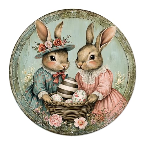 Victorian Bunnies Easter Basket Round Aluminum Metal Sign for Home Farmhouse Wall - 8x8 Inch by Generic