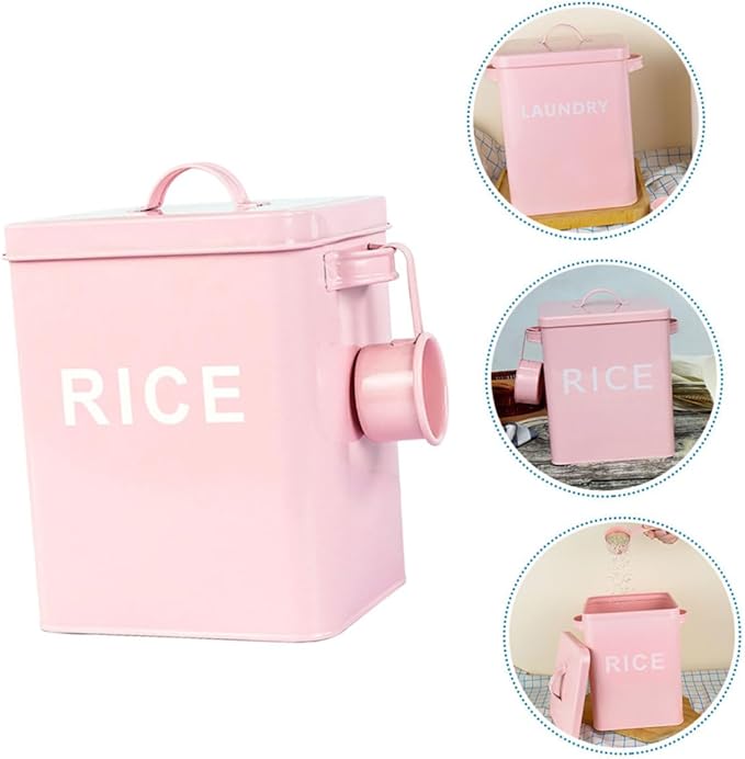 Sealed Pet Food Storage Bucket with Measuring Cup Large Capacity Airtight Metal Grain Bin for Dog and Cat Food Kitchen Rice Container Pink