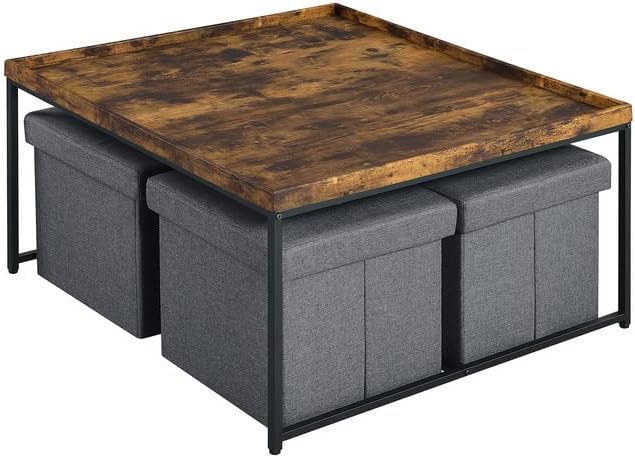 Ergode Vinny Weathered Oak Wood Grain Coffee Table Set|5-Piece with Raised Edges|Stylish & Compact|Black Metal Frame|Storage Bins|Lilola Home