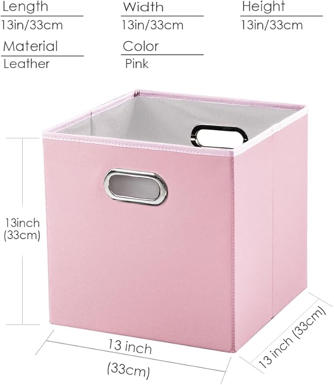 PRANDOM Leather Foldable Cube Storage Bins 13x13 inch [2-Pack] Fabric Storage Baskets Cubes Drawer with Cotton Handles Organizer for Shelves Nursery Closet Bedroom Clothes Pink