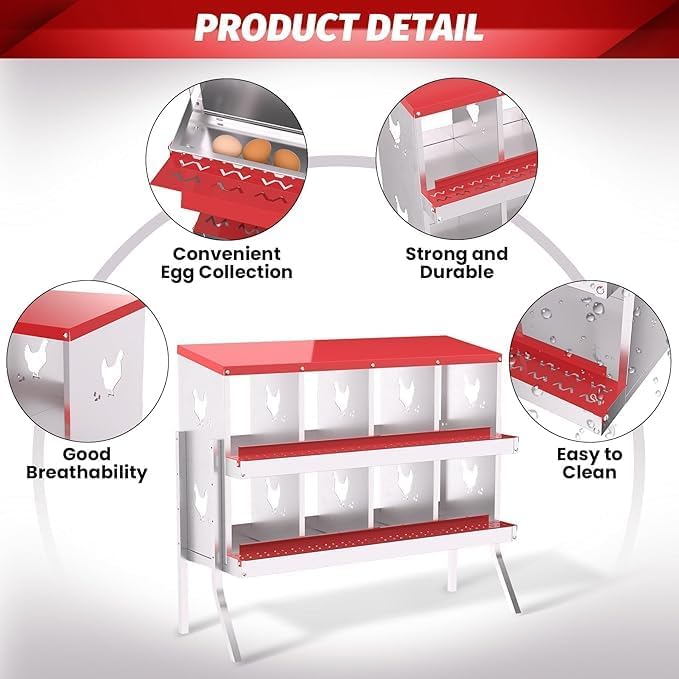 Chicken Nest Box, 8-Compartment Egg-Laying Box, Metal Hen House, Convenient for Collecting Eggs - Ventilated Poultry House Equipment - Suitable for Hens, Ducks Red,with Stand