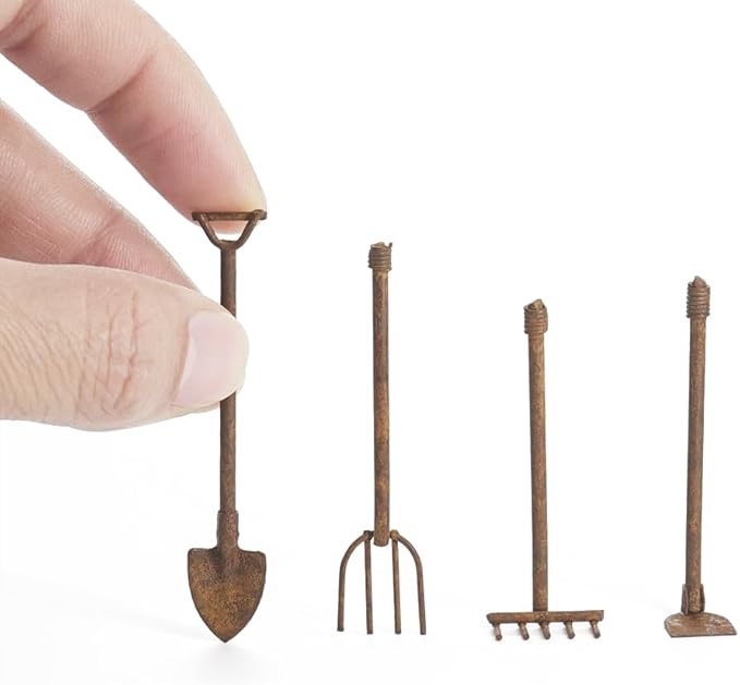 Odoria Dollhouse Gardening Tools Miniature: 1/12 Scale Hoe Rake Distressed Metal Rustic Garden Farm - Mini Hand Weeder Trowel Outdoor Ornaments Model DIY Craft