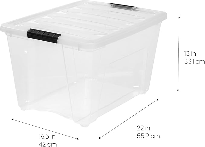 IRIS USA 12 Pack WeatherPro 54 Quart Stackable Storage Tote Bins, Plastic Gasket Box with Tight Latching Lids and Seal, Clear/Black