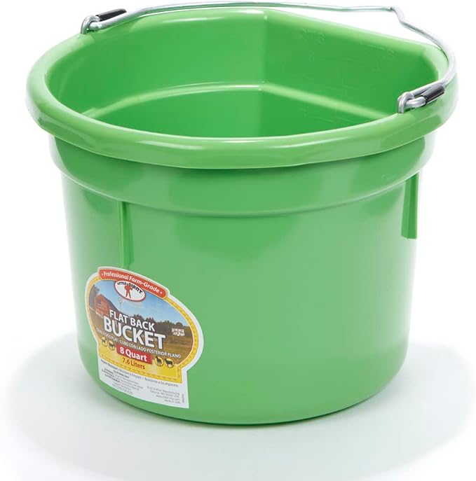 Little Giant® Flat Back Plastic Animal Feed Bucket | Animal Feed Bucket with Metal Handle | Horse Stall Feeding and Watering Supplies (Lime Green, 8 Quart)