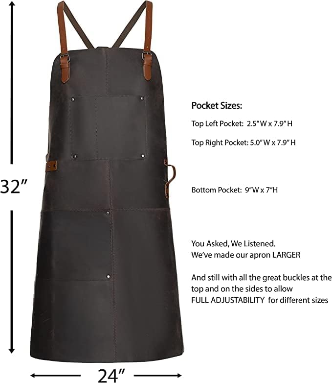 Theodore Premium Top Grain Leather Apron with Cross‑Back for Men & Women – 32.5″ × 24.5″ Heavy‑Duty BBQ, Cooking, Woodworking Apron with Two Large Tool Pockets