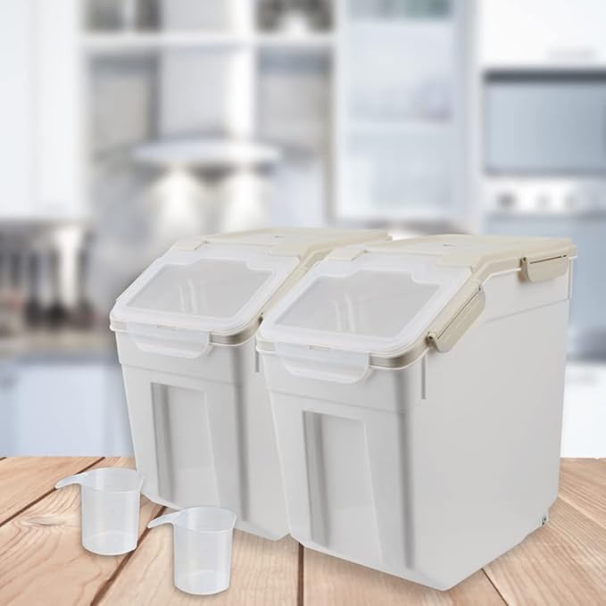 Large Flour Storage Container Bin 50lb, 2Pack Airtight Rice Storage Containers with Wheels Seal Locking Lid, BPA Free with Measuring Cup&Scoop for Flour, Rice, Grain(Gray)