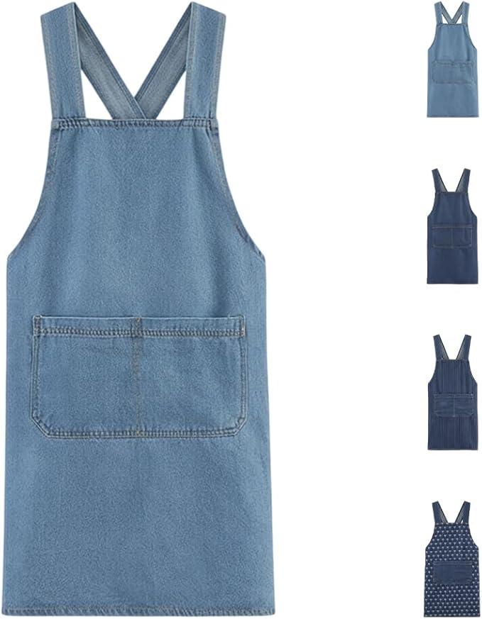 Apron with Pockets for Women and Men, Lightweight Cotton Jean Cross Back Apron with Front Pocket for Cooking Gardening