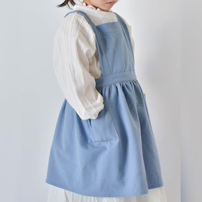 IWEMEK Kids Aprons for Girls Cooking Child Cotton Linen Apron Dress with Pockets Art Baking Gardening Painting Apron Pinafore