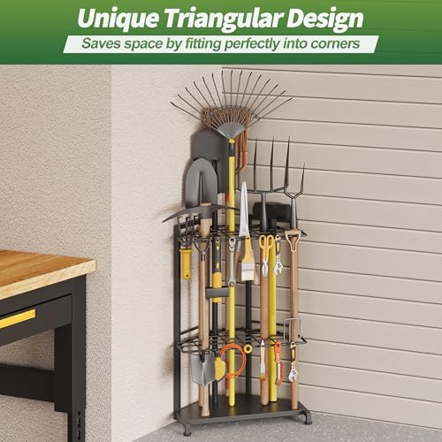 Garden Tool Organizer for Corner, Heavy Duty Metal Rack with 34 Storage Compartments & 14 - Black, Alloy Steel, Long-Handled Tools - Image 2