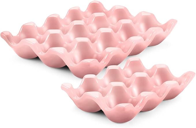Flexzion 12 + 6 Cups Ceramic Egg Holder for Fridge - 18 Porcelain Egg Tray Container Keeper Storage Organizer Decorative Serving Stand Serveware for Refrigerator Countertop Display Kitchen (Pink)