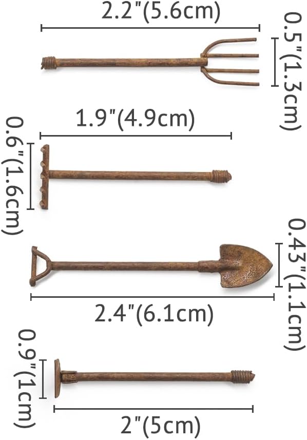 Odoria Dollhouse Gardening Tools Miniature: 1/12 Scale Hoe Rake Distressed Metal Rustic Garden Farm - Mini Hand Weeder Trowel Outdoor Ornaments Model DIY Craft