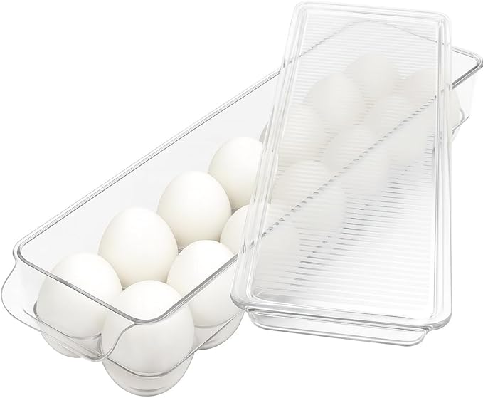 Dependable Industries inc. Essentials Clear Acrylic Egg Storage Container with Lid, 14-Egg Capacity, BPA-Free Refrigerator Organizer, Stackable Tray with Handle, Dishwasher Safe
