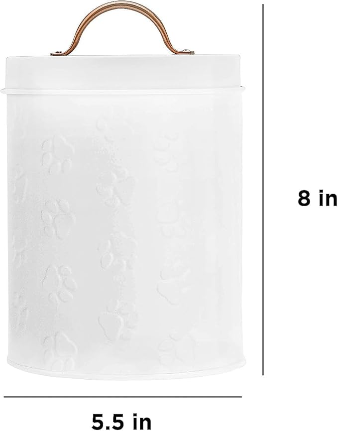Amici Home Small Dog Treat Container Airtight, 8” Tall x 5.5” Round, White Embossed Puppy Paws Print, Storage Jar Canister for Cats, Small Animals, Gifts for Pet Owners, White