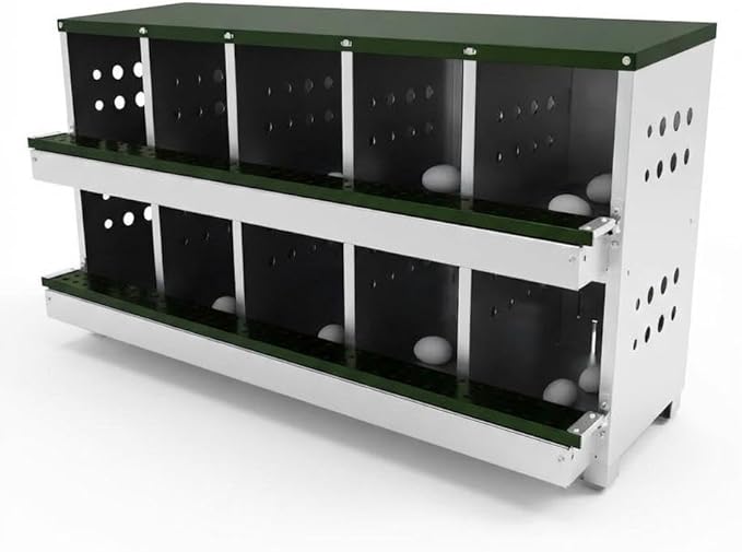 Metal Chicken Nesting Boxes - 10 Hole Wall-Mountable Laying Boxes with Lid & Roll-Away Egg Collection, Weatherproof Galvanized Steel, Includes 10 Fake Eggs for Chicken Coop, Red