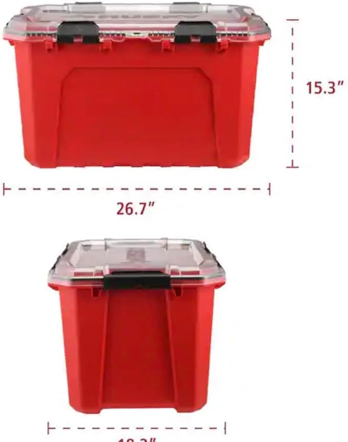 Professional Heavy Duty Waterproof Stackable Plastic Storage Container with Hinged Lid, Red, Rectangular, (20 Gal)