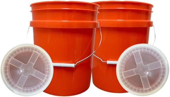 House Naturals 5 Gallon Scarlet Red Plastic Bucket Pail Food Grade BPA Free Made in USA pails with White Air Tight Screw on Lid (Pack of 2) (Scarlet Red with Clear Screw On lid)