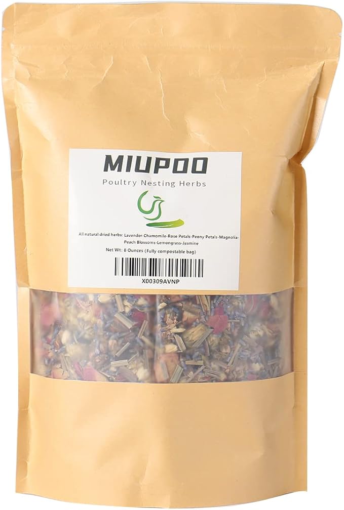 MIUPOO Chicken Coop Bedding,Chicken Nesting Herbs,Natural Blend of 8 Premium Dried Herbs for Fresh Nest Box, Fragrant Dried Herbs for Poultry Habitat,8 Ounces Per Bag.