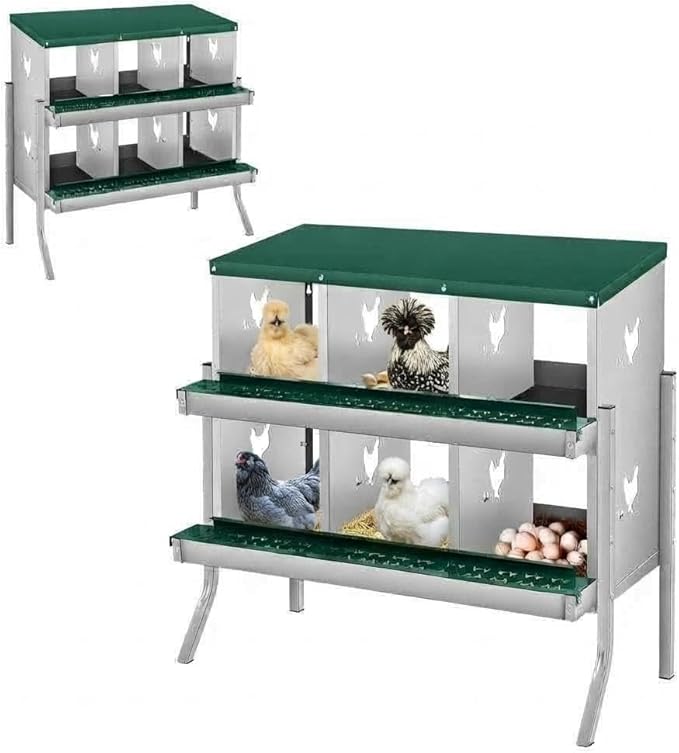 Easy Clean & Egg Protection - Metal Chicken Nesting Box for Small Animals - 6 Compartments, Wall-Mounted Galvanized Steel, Secure Laying, Durable Poultry Coop Accessory - Green, 6 Slots