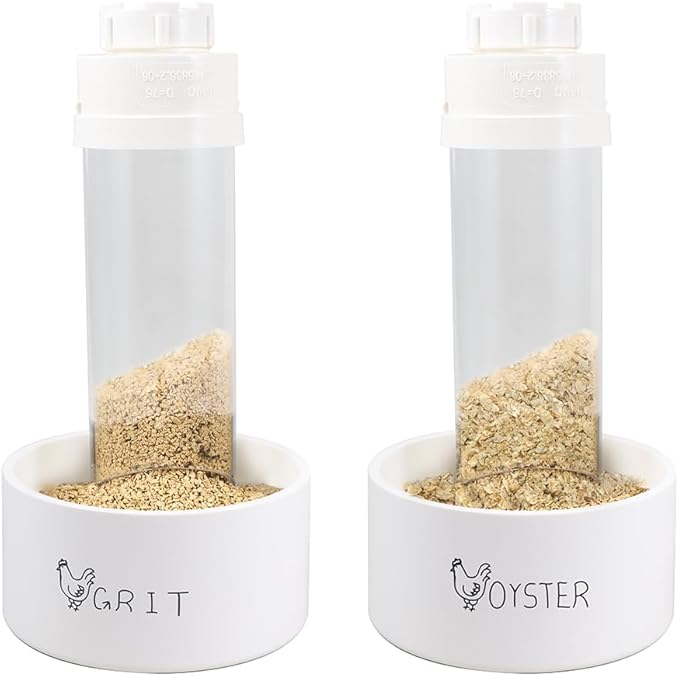2 Pack Transparent PVC Chicken Feeder, Oyster Shell and Grit Feeder Hanging Ground Chicken Coop Feeder with Hanging Hook for Hens & Chicks (White)