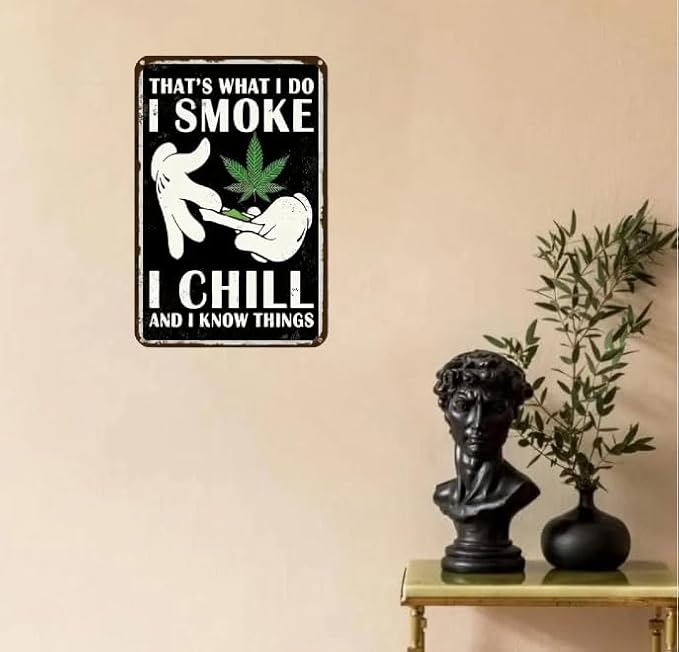 Vintage Marijuana Leaf Iron Sign - 8x12 Inch Decorative Metal Tin Wall Art - Versatile Retro Stoner Room Decor with Pre-Drilled Holes for Easy Mounting - Weather-Resistant Man Cave and Home Bar Accent