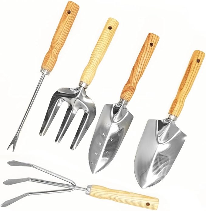 Garden Tool Set, 5 Piece Stainless Steel Gardening Hand Tools Including Graduation Shovel, Hand Rake, Transplanter, Trowel, Hand Cultivator