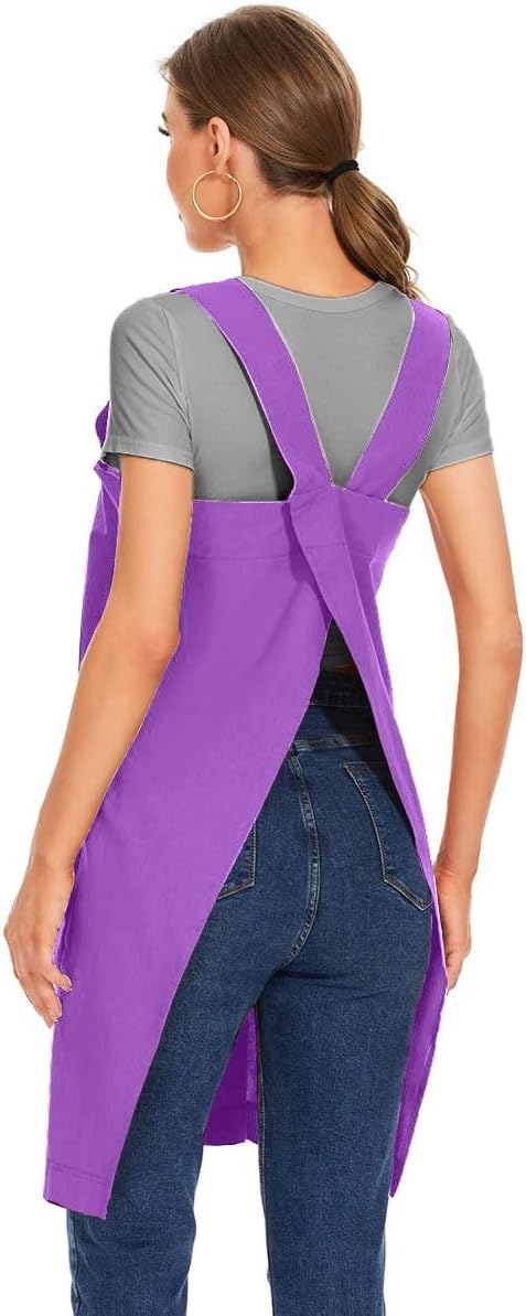 Larmliss Women's Cotton Cross Back Apron Pinafore Dress with Big Pockets Loose Square Apron for Baking Cooking Gardening
