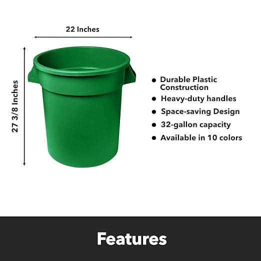 Feed and Seed Storage Container, 32 Gallon Green Round Commercial Trash Can, Food Storage Plastic Bin, Use in Agricultural, Gardening, or Household