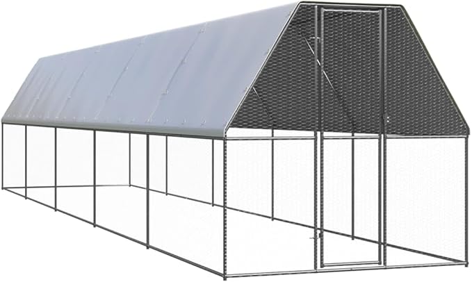 Grey Galvanized Steel Extra Large Chicken Cage Outdoor 78.7 x 393.7 x 78.7 in Lockable Weather-Resistant Poultry Run for Garden, Backyard or Terrace