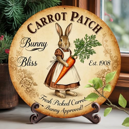 Carrot Patch Bunny Bliss Round Aluminum Metal Sign Retro Vintage Bunny Approved Sign - 8x8 Inch - Image 3