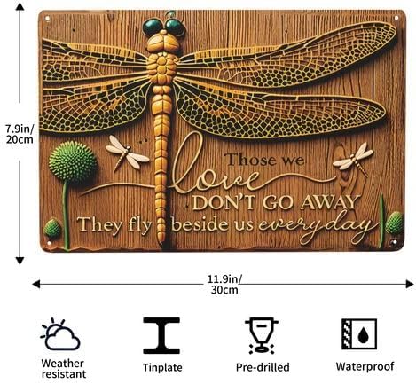 Vintage Dragonfly Metal Wall Art Sign - 8x12 Inch Aluminum Garden Decor with "Those We Love Don't Go Away" Quote, Outdoor/Indoor Hanging Sign for Home, Cafe, Bar
