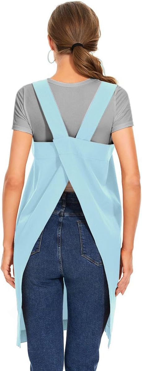 Larmliss Women's Cotton Cross Back Apron Pinafore Dress with Big Pockets Loose Square Apron for Baking Cooking Gardening