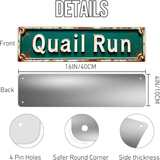 Vintage Tin Sign 16 * 4 Inch Quail Run Marker - Decor for Kitchen, Patio, Bedroom | retro kitchen decor, patio signs, vintage bedroom decor
