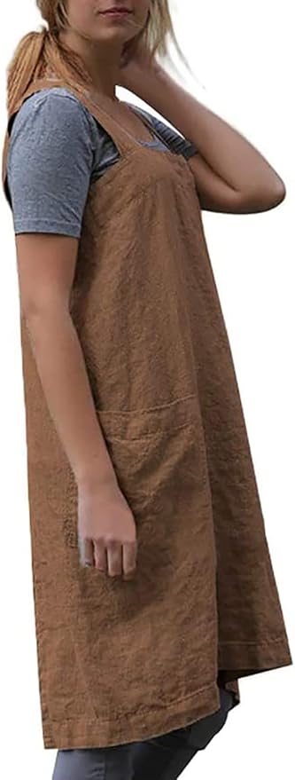 Women's Pinafore Apron Cross Back Apron with Pockets Cotton Linen Apron Dress Plus Size
