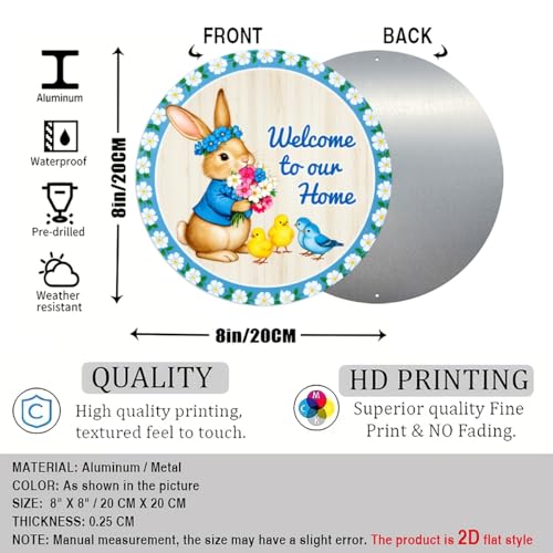 Welcome to Our Home Round Aluminum Metal Sign Retro Bunny with Blue Flowers Chicks Sign - 8x8 Inch - Image 2