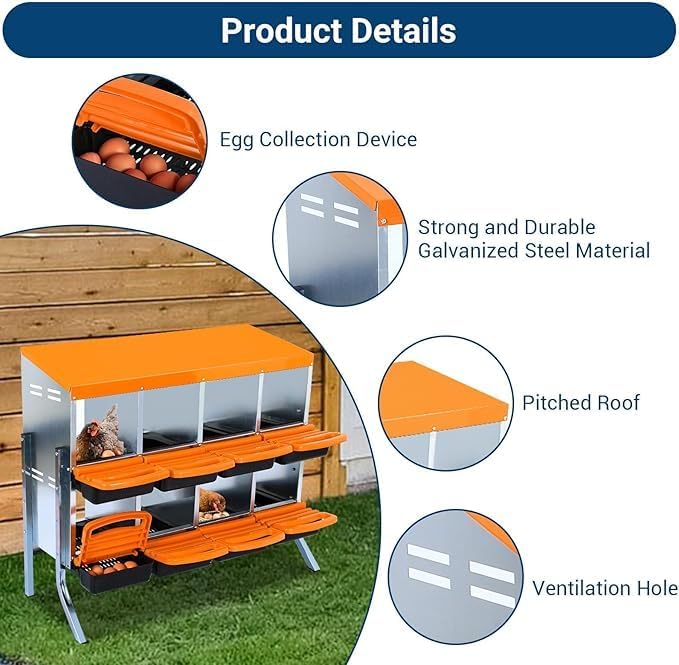 Chicken Nesting Box, 8-Compartment Egg Laying Box, Convenient for Collecting Eggs, Ventilated Poultry House Equipment in Metal Chicken Coop, Suitable for Hens and Ducks, (Orange, with Stand)