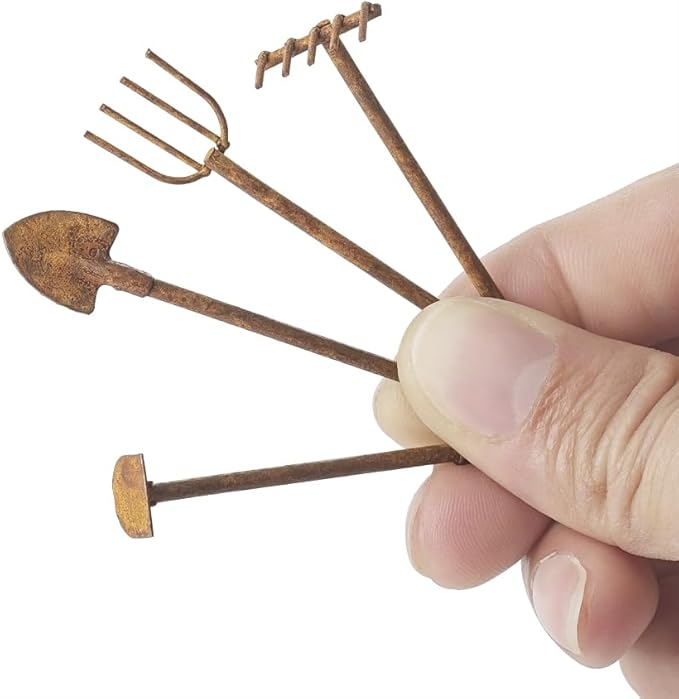 Odoria Dollhouse Gardening Tools Miniature: 1/12 Scale Hoe Rake Distressed Metal Rustic Garden Farm - Mini Hand Weeder Trowel Outdoor Ornaments Model DIY Craft