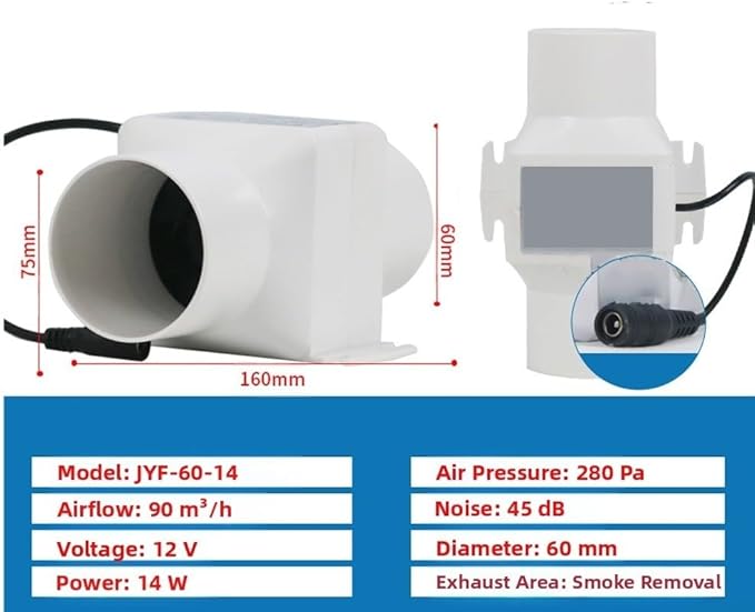 50Mm/60mm Inline Duct Ventilation Fan, 12V 6W Quiet Inline Exhaust Fan For Indoor Air Circulation, Chicken Coop Ventilation, For Solar Panel And Power Adapter Installations(White 60MM)