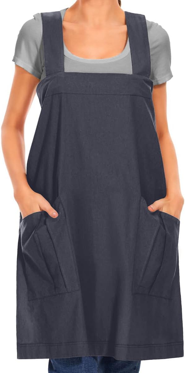 Larmliss Women's Cotton Cross Back Apron Pinafore Dress with Big Pockets Loose Square Apron for Baking Cooking Gardening