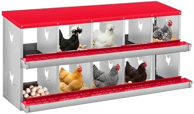 Durable Coop Accessory - Metal Chicken Nesting Box for Small Animals - 10 Compartments, Wall Mount, Easy Egg Collection, No Legs - Orange Red, 10 Compartments, No Legs