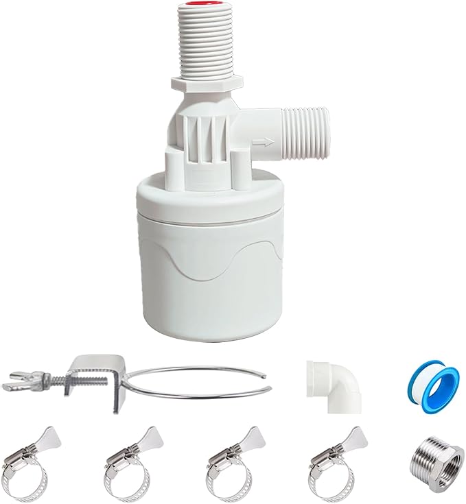 Chicken Waterer Float Valve Kit - Top Inlet, Compatible with Various Chicken Water Cups & Nipples, Includes Fixing Clip, 4 Hose Clamps, Raw Tape, 1/2 to 3/4 Inch Adapter