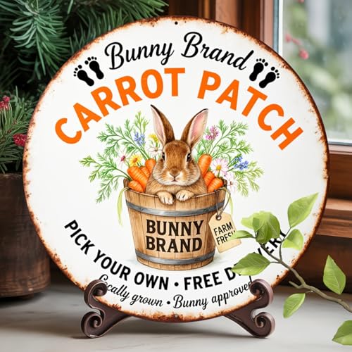Bunny Brand Carrot Patch Round Aluminum Metal Sign Retro Rabbit in Barrel Farm Fresh Bunny - 8x8 Inch - Image 3