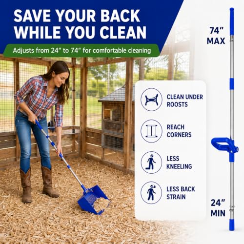 Chicken Poop Scooper with 74" Adjustable Handle - Blue, Heavy Duty Metal Chicken Coop Cleaner - Image 6